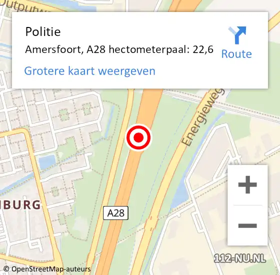 Locatie op kaart van de 112 melding: Politie Amersfoort, A28 hectometerpaal: 22,6 op 12 mei 2022 16:30