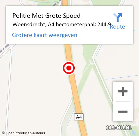 Locatie op kaart van de 112 melding: Politie Met Grote Spoed Naar Woensdrecht, A4 hectometerpaal: 244,9 op 12 mei 2022 16:38