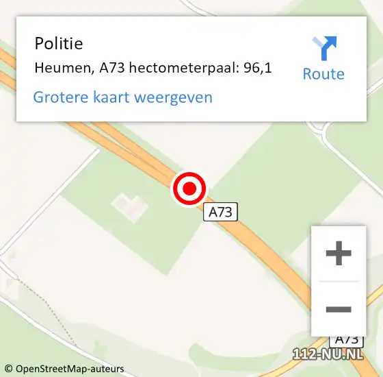 Locatie op kaart van de 112 melding: Politie Heumen, A73 hectometerpaal: 96,1 op 12 mei 2022 17:11