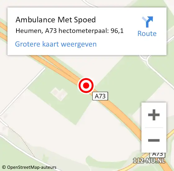 Locatie op kaart van de 112 melding: Ambulance Met Spoed Naar Heumen, A73 hectometerpaal: 96,1 op 12 mei 2022 17:12