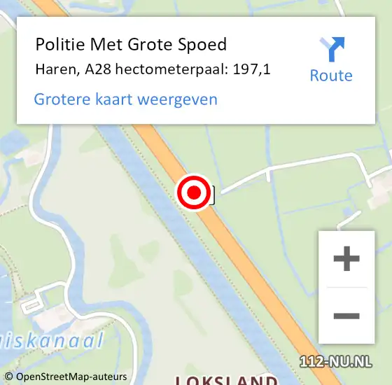 Locatie op kaart van de 112 melding: Politie Met Grote Spoed Naar Haren, A28 hectometerpaal: 197,1 op 12 mei 2022 17:26