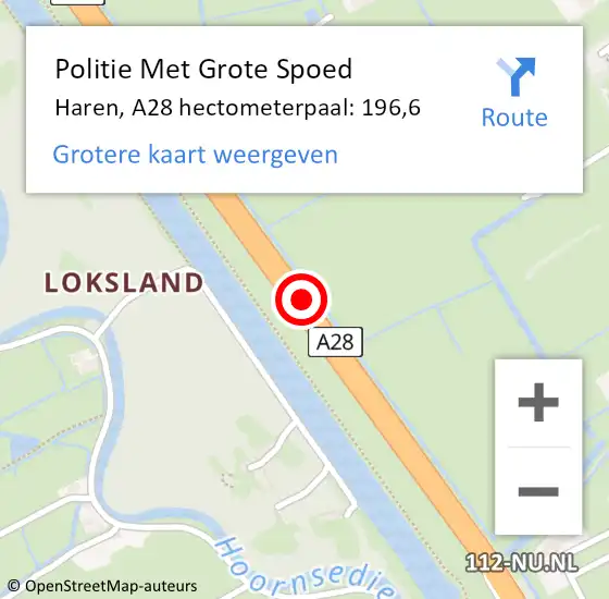 Locatie op kaart van de 112 melding: Politie Met Grote Spoed Naar Haren, A28 hectometerpaal: 196,6 op 12 mei 2022 17:26