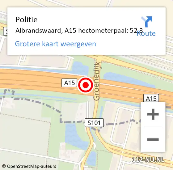 Locatie op kaart van de 112 melding: Politie Albrandswaard, A15 hectometerpaal: 52,3 op 12 mei 2022 18:05