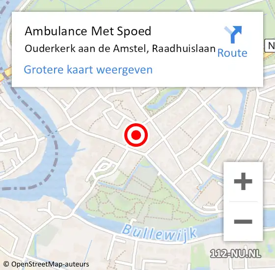 Locatie op kaart van de 112 melding: Ambulance Met Spoed Naar Ouderkerk aan de Amstel, Raadhuislaan op 12 mei 2022 19:05