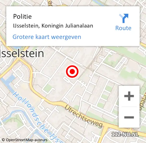 Locatie op kaart van de 112 melding: Politie IJsselstein, Koningin Julianalaan op 12 mei 2022 19:39