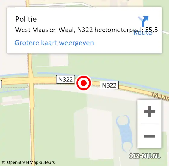 Locatie op kaart van de 112 melding: Politie West Maas en Waal, N322 hectometerpaal: 55,5 op 12 mei 2022 23:02