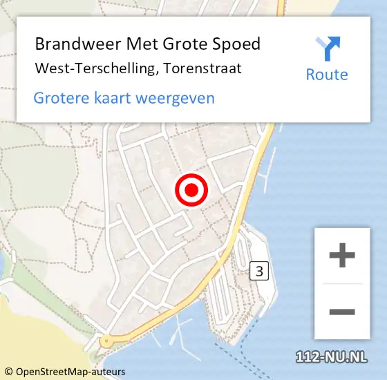 Locatie op kaart van de 112 melding: Brandweer Met Grote Spoed Naar West-Terschelling, Torenstraat op 12 mei 2022 23:32