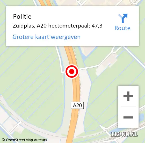 Locatie op kaart van de 112 melding: Politie Zuidplas, A20 hectometerpaal: 47,3 op 13 mei 2022 06:10