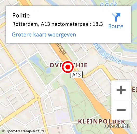 Locatie op kaart van de 112 melding: Politie Rotterdam, A13 hectometerpaal: 18,3 op 13 mei 2022 09:16