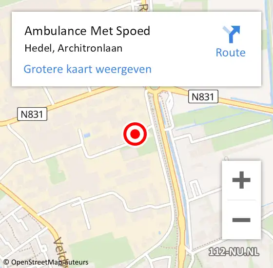 Locatie op kaart van de 112 melding: Ambulance Met Spoed Naar Hedel, Architronlaan op 13 mei 2022 09:47