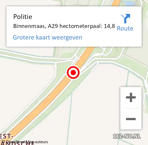 Locatie op kaart van de 112 melding: Politie Binnenmaas, A29 hectometerpaal: 14,8 op 13 mei 2022 11:48