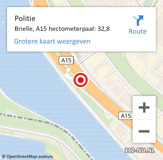 Locatie op kaart van de 112 melding: Politie Brielle, A15 hectometerpaal: 32,8 op 13 mei 2022 12:29