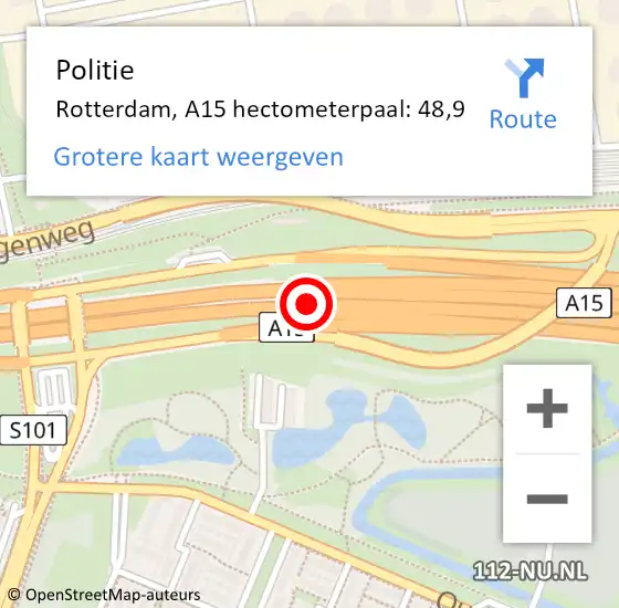 Locatie op kaart van de 112 melding: Politie Rotterdam, A15 hectometerpaal: 48,9 op 13 mei 2022 13:44