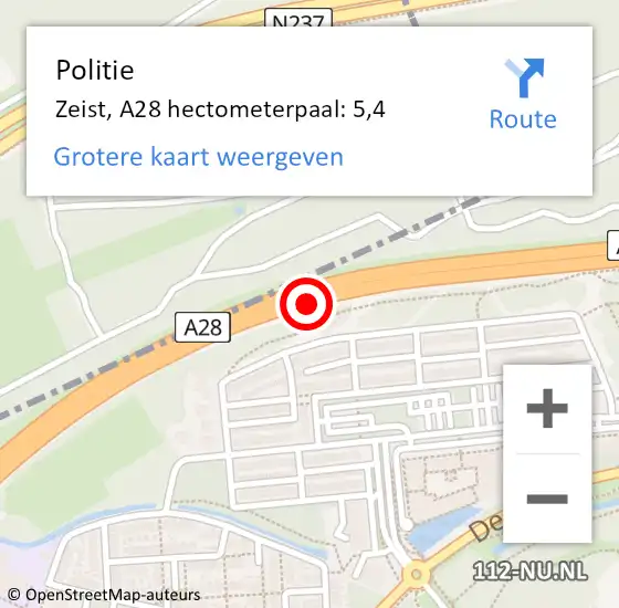 Locatie op kaart van de 112 melding: Politie Zeist, A28 hectometerpaal: 5,4 op 13 mei 2022 13:52