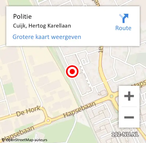 Locatie op kaart van de 112 melding: Politie Cuijk, Hertog Karellaan op 13 mei 2022 13:57