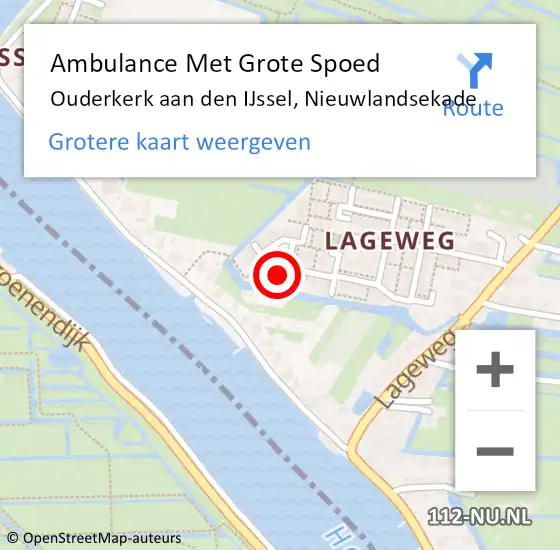 Locatie op kaart van de 112 melding: Ambulance Met Grote Spoed Naar Ouderkerk aan den IJssel, Nieuwlandsekade op 13 mei 2022 14:32