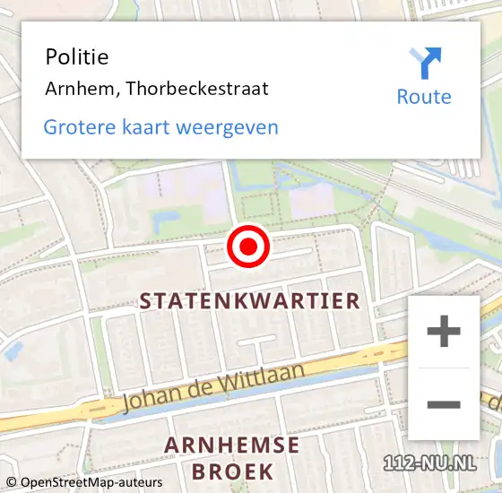 Locatie op kaart van de 112 melding: Politie Arnhem, Thorbeckestraat op 13 mei 2022 14:56