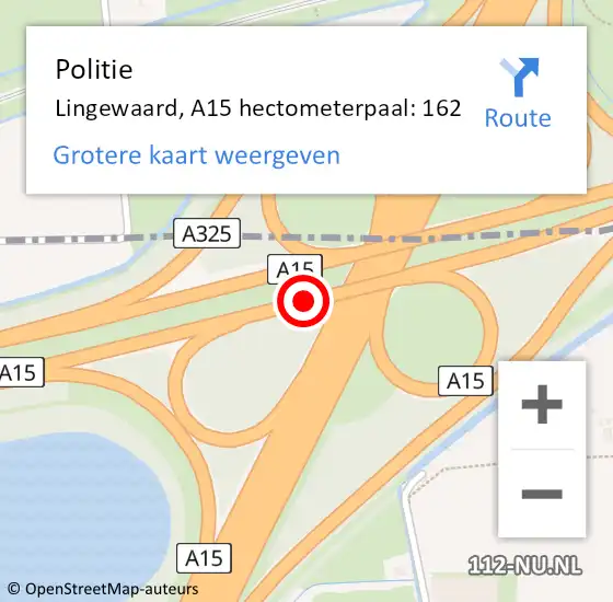 Locatie op kaart van de 112 melding: Politie Lingewaard, A15 hectometerpaal: 162 op 13 mei 2022 15:12