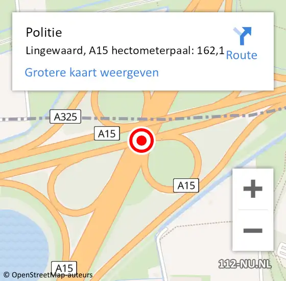 Locatie op kaart van de 112 melding: Politie Lingewaard, A15 hectometerpaal: 162,1 op 13 mei 2022 15:12