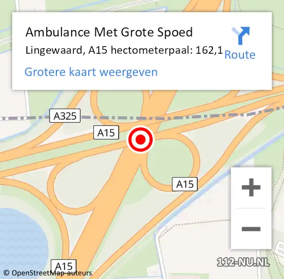 Locatie op kaart van de 112 melding: Ambulance Met Grote Spoed Naar Lingewaard, A15 hectometerpaal: 162,1 op 13 mei 2022 15:13