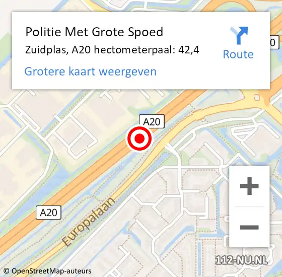 Locatie op kaart van de 112 melding: Politie Met Grote Spoed Naar Zuidplas, A20 hectometerpaal: 42,4 op 13 mei 2022 15:46