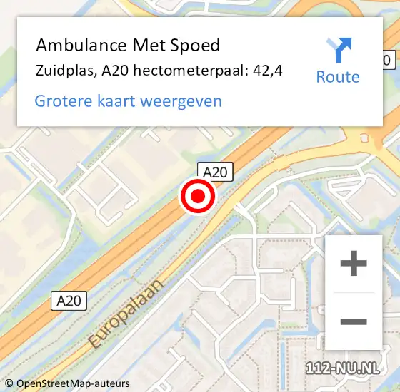 Locatie op kaart van de 112 melding: Ambulance Met Spoed Naar Zuidplas, A20 hectometerpaal: 42,4 op 13 mei 2022 15:47