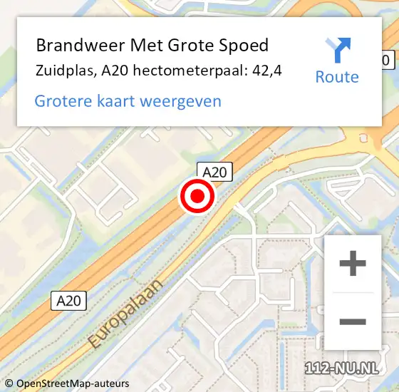 Locatie op kaart van de 112 melding: Brandweer Met Grote Spoed Naar Zuidplas, A20 hectometerpaal: 42,4 op 13 mei 2022 15:48