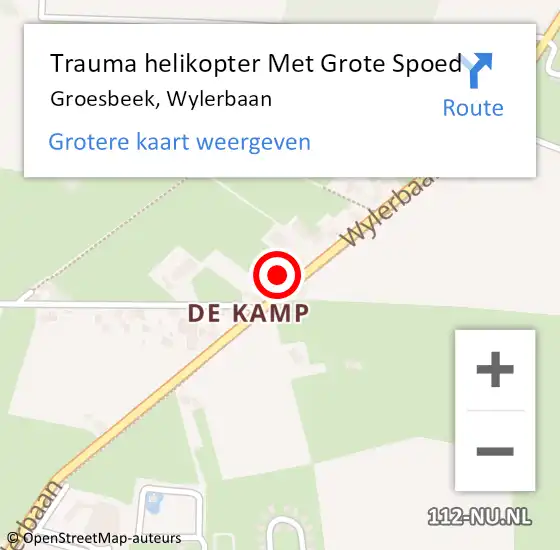 Locatie op kaart van de 112 melding: Trauma helikopter Met Grote Spoed Naar Groesbeek, Wylerbaan op 13 mei 2022 15:59