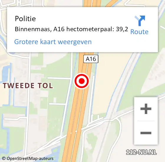 Locatie op kaart van de 112 melding: Politie Binnenmaas, A16 hectometerpaal: 39,2 op 13 mei 2022 16:02