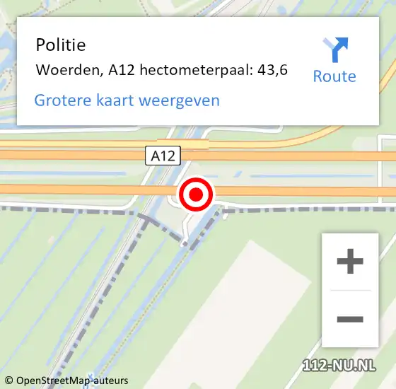 Locatie op kaart van de 112 melding: Politie Woerden, A12 hectometerpaal: 43,6 op 13 mei 2022 16:06