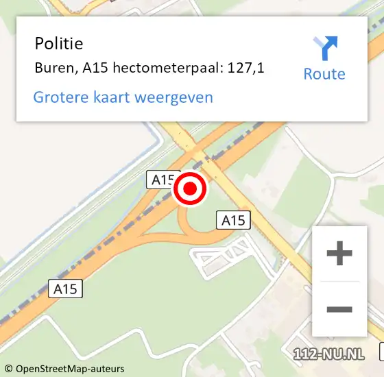 Locatie op kaart van de 112 melding: Politie Buren, A15 hectometerpaal: 127,1 op 13 mei 2022 16:44