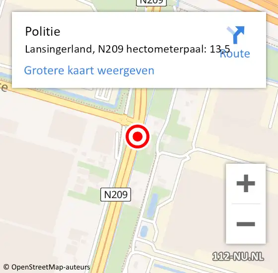 Locatie op kaart van de 112 melding: Politie Lansingerland, N209 hectometerpaal: 13,5 op 13 mei 2022 17:16