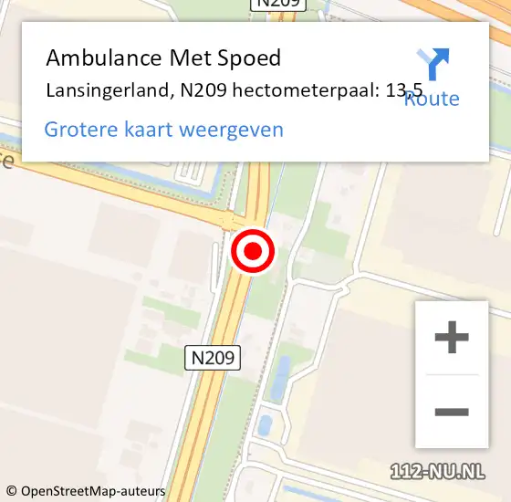 Locatie op kaart van de 112 melding: Ambulance Met Spoed Naar Lansingerland, N209 hectometerpaal: 13,5 op 13 mei 2022 17:22