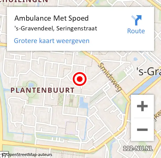 Locatie op kaart van de 112 melding: Ambulance Met Spoed Naar 's-Gravendeel, Seringenstraat op 13 mei 2022 20:10