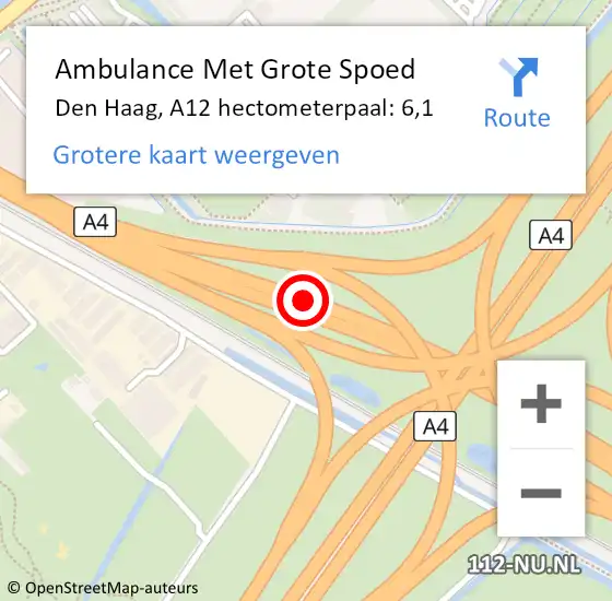 Locatie op kaart van de 112 melding: Ambulance Met Grote Spoed Naar Den Haag, A12 hectometerpaal: 6,1 op 13 mei 2022 22:06
