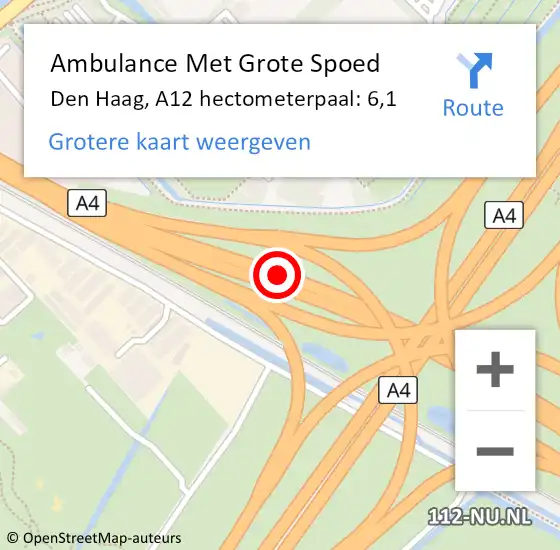 Locatie op kaart van de 112 melding: Ambulance Met Grote Spoed Naar Den Haag, A12 hectometerpaal: 6,1 op 13 mei 2022 22:16