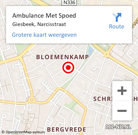 Locatie op kaart van de 112 melding: Ambulance Met Spoed Naar Giesbeek, Narcisstraat op 13 mei 2022 22:29