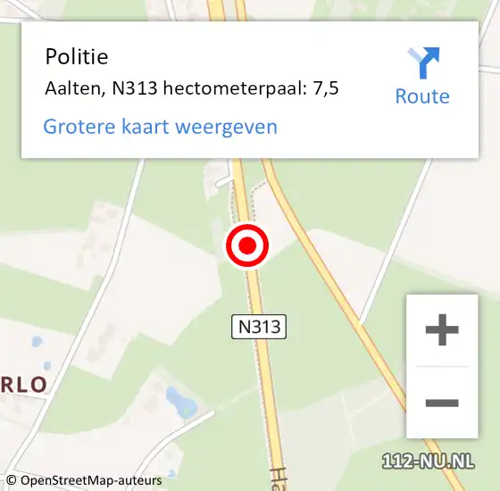 Locatie op kaart van de 112 melding: Politie Aalten, N313 hectometerpaal: 7,5 op 13 mei 2022 23:46