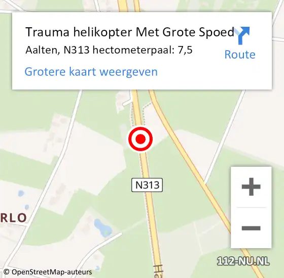 Locatie op kaart van de 112 melding: Trauma helikopter Met Grote Spoed Naar Aalten, N313 hectometerpaal: 7,5 op 13 mei 2022 23:49