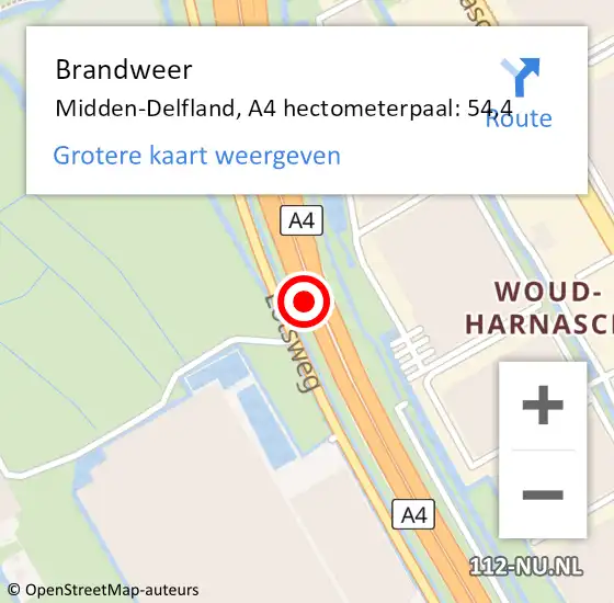 Locatie op kaart van de 112 melding: Brandweer Midden-Delfland, A4 hectometerpaal: 54,4 op 13 mei 2022 23:53