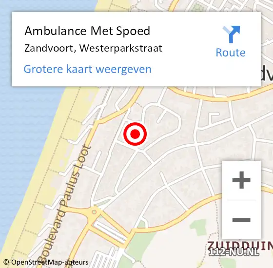 Locatie op kaart van de 112 melding: Ambulance Met Spoed Naar Zandvoort, Westerparkstraat op 14 mei 2022 01:32