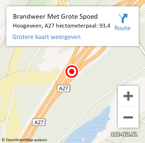 Locatie op kaart van de 112 melding: Brandweer Met Grote Spoed Naar Hoogeveen, A27 hectometerpaal: 93,4 op 14 mei 2022 02:55