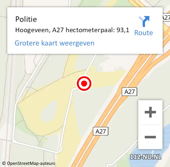 Locatie op kaart van de 112 melding: Politie Hoogeveen, A27 hectometerpaal: 93,1 op 14 mei 2022 02:55