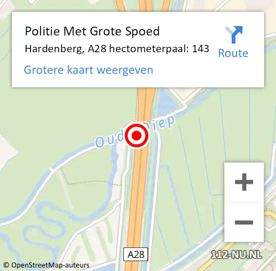 Locatie op kaart van de 112 melding: Politie Met Grote Spoed Naar Hardenberg, A28 hectometerpaal: 143 op 14 mei 2022 03:27
