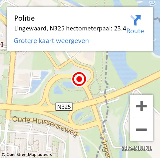 Locatie op kaart van de 112 melding: Politie Lingewaard, N325 hectometerpaal: 23,4 op 14 mei 2022 12:59