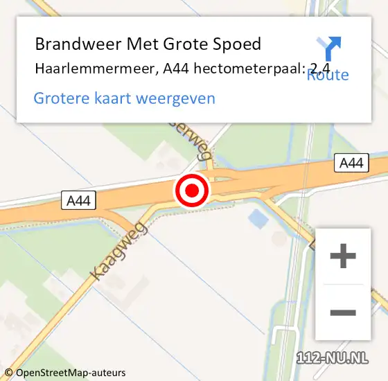 Locatie op kaart van de 112 melding: Brandweer Met Grote Spoed Naar Haarlemmermeer, A44 hectometerpaal: 2,4 op 14 mei 2022 13:15