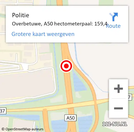 Locatie op kaart van de 112 melding: Politie Overbetuwe, A50 hectometerpaal: 159,4 op 14 mei 2022 14:01
