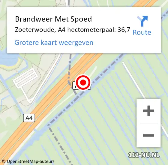 Locatie op kaart van de 112 melding: Brandweer Met Spoed Naar Zoeterwoude, A4 hectometerpaal: 36,7 op 14 mei 2022 15:57