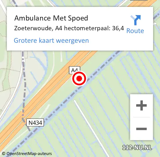 Locatie op kaart van de 112 melding: Ambulance Met Spoed Naar Zoeterwoude, A4 hectometerpaal: 36,4 op 14 mei 2022 16:24