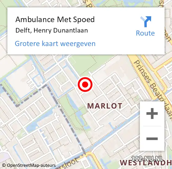 Locatie op kaart van de 112 melding: Ambulance Met Spoed Naar Delft, Henry Dunantlaan op 14 mei 2022 16:38